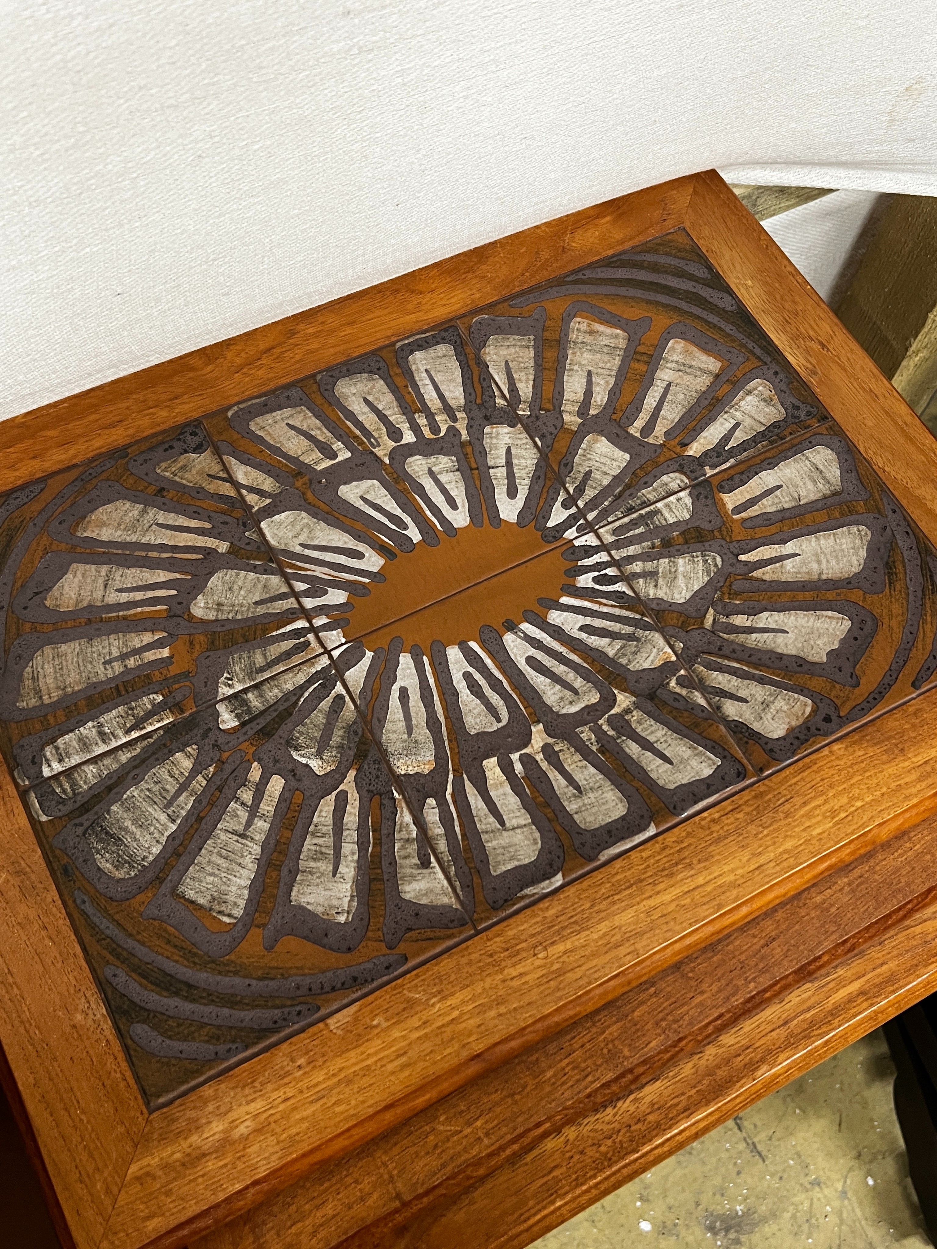 Two mid century tiled top teak nests of tables by Toften Mobelfabrikken, Denmark, width 55cm, depth 40cm, height 47cm